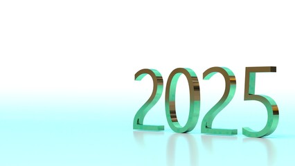 Metallic turquoise and gold 2025 numbers with glowing reflective surface on white background and copy space on the left side