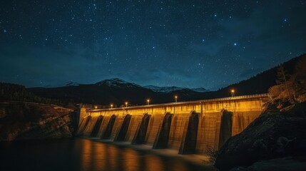 Illuminated Hydroelectric Dam Under Starry Sky