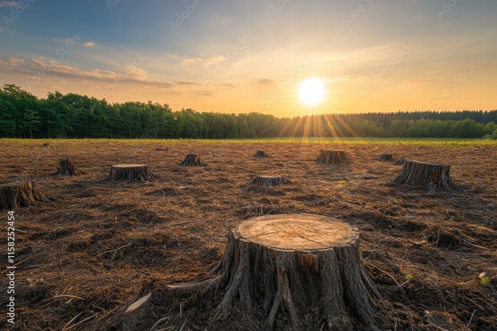 Poster deforested area at sunset showing tree stumps and barren soil in a once lush forest landscape. gener