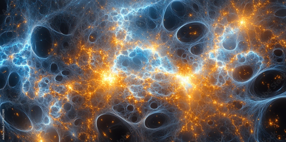 Fototapete abstract visualization of cosmic structures with glowing elements in blue and orange.