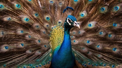 Naklejka premium Peacock Spreading Its Vibrant Feathers in Full Display