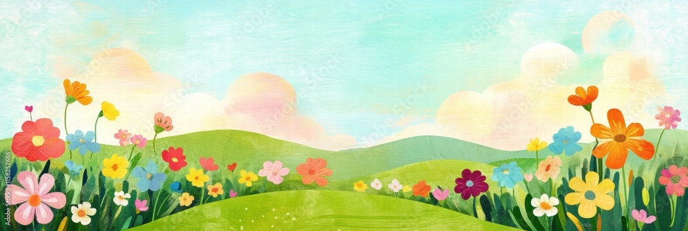 Poster bright and colorful naive art landscape with flowers and sky for creative mock up and text placement