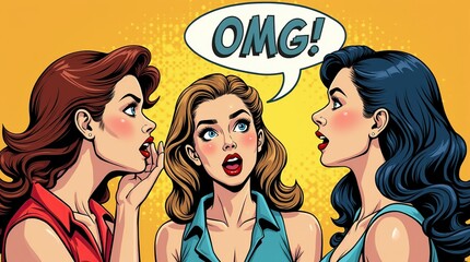 Retro Pop Art Women Gossiping with Comic Surprise Expression 'OMG' Speech Balloon