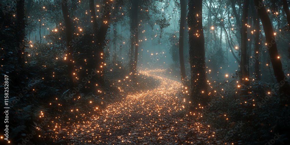 Poster a mystical forest path illuminated by glowing orbs, creating an enchanting atmosphere.