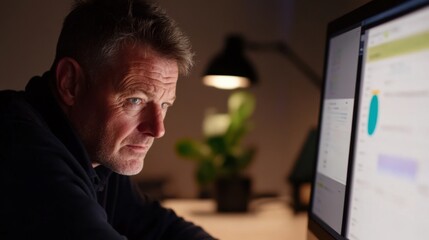 Fototapeta premium Person looking worried at computer screen, reflecting the pressures and challenges of modern digital life. Navigating complex technology and information overload.