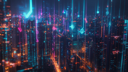 Fototapeta premium Smart Innovation city with connection cyber security network reciprocity over the night cityscape future wireless digital city and social media networking systems that connects people in the city