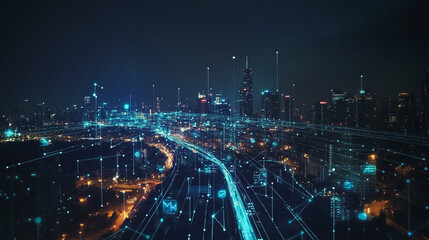 Obraz premium Smart Innovation city with connection cyber security network reciprocity over the night cityscape future wireless digital city and social media networking systems that connects people in the city