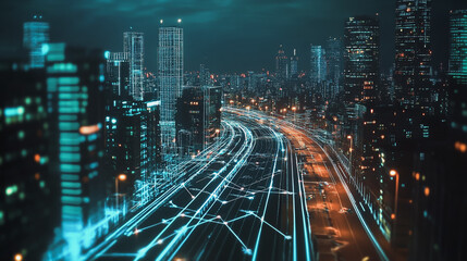 Obraz premium Smart Innovation city with connection cyber security network reciprocity over the night cityscape future wireless digital city and social media networking systems that connects people in the city
