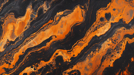 Naklejka premium Abstract Art: Liquid Fire: This abstract art piece is a captivating mix of black and orange, reminiscent of molten lava or a vibrant sunset. The fluid lines create a sense of motion and energy.