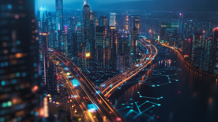Fototapeta premium Smart Innovation city with connection cyber security network reciprocity over the night cityscape future wireless digital city and social media networking systems that connects people in the city