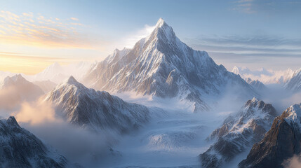 A cinematic photograph of the K2 mountain in snow, at sunrise, with an epic view, ultra-realistic in style
