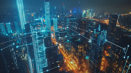 Smart Innovation city with connection cyber security network reciprocity over the night cityscape future wireless digital city and social media networking systems that connects people in the city