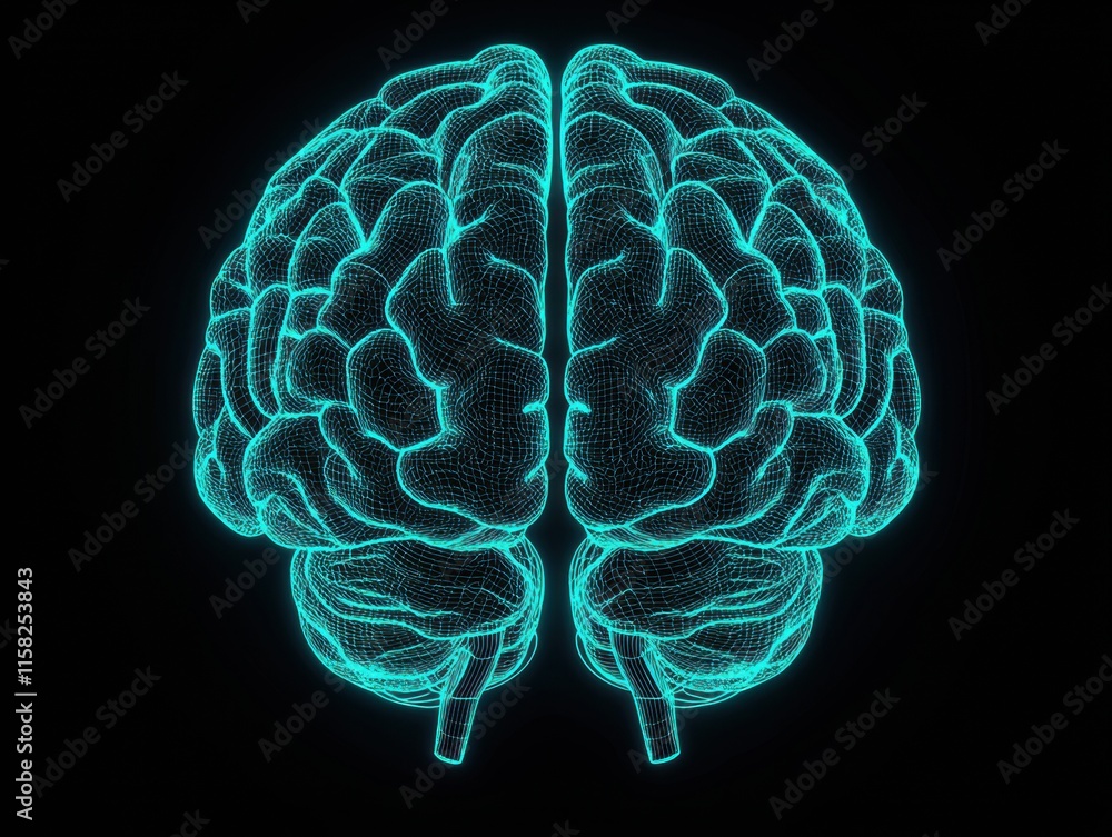 Poster glowing wireframe brain symbolizing intelligence and creativity