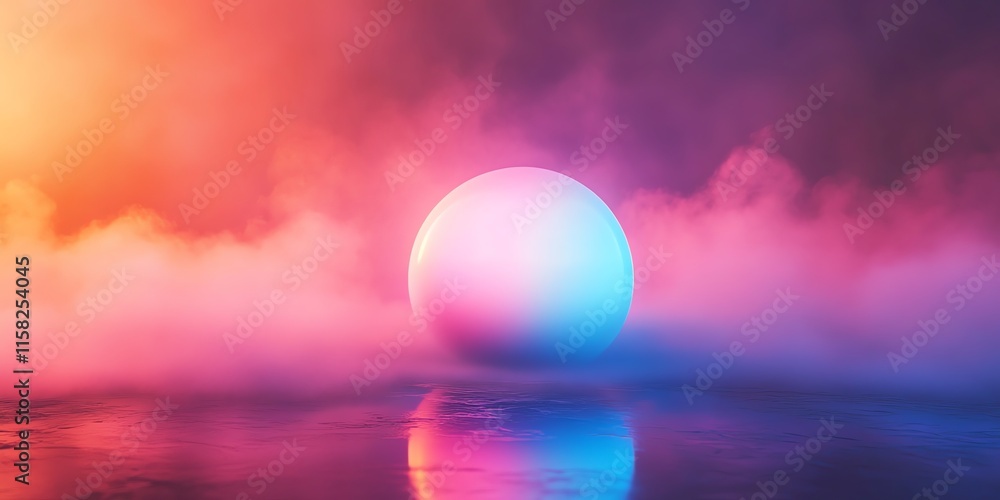 Poster a glowing orb surrounded by colorful mist, creating a surreal and atmospheric scene.