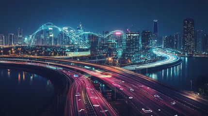 Naklejka premium Smart Innovation city with connection cyber security network reciprocity over the night cityscape future wireless digital city and social media networking systems that connects people in the city