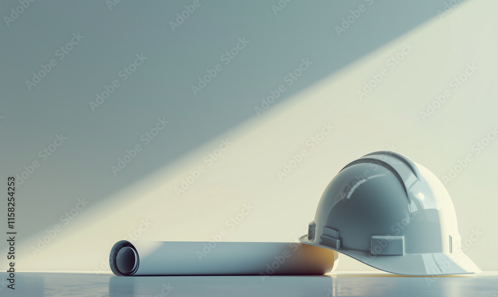 Poster engineering action construction helmet and blueprint in a minimalist environment for engineering ins