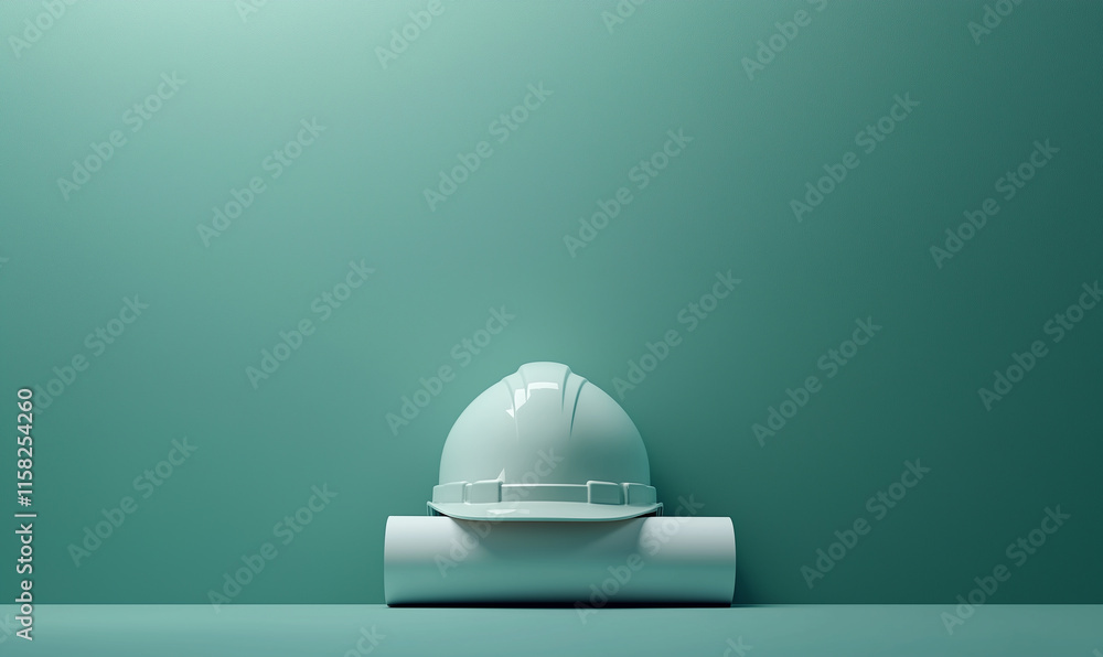 Poster engineering action construction helmet and blueprint in a minimalist environment for engineering ins