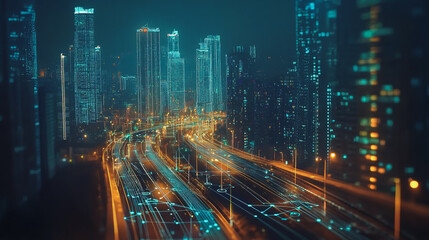 Fototapeta premium Smart Innovation city with connection cyber security network reciprocity over the night cityscape future wireless digital city and social media networking systems that connects people in the city