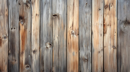 Naklejka premium Rustic Wooden Wall Texture: A close-up shot of a weathered wooden wall, showcasing the natural beauty of aged timber with varying tones of gray and brown.