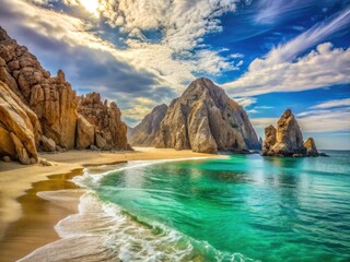 Lovers Beach, Cabo: Vintage photo showcasing crystal waters, Arch Rock, Baja's beauty.