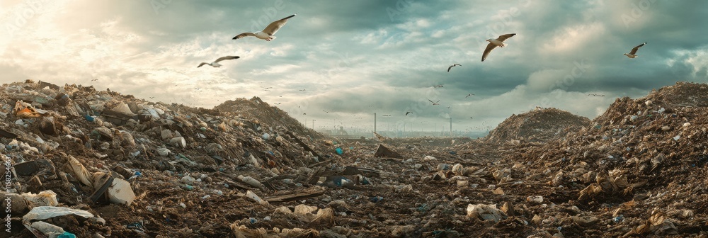 Poster massive landfill with seagulls soaring overhead at dusk creating a striking visual of urban waste ma
