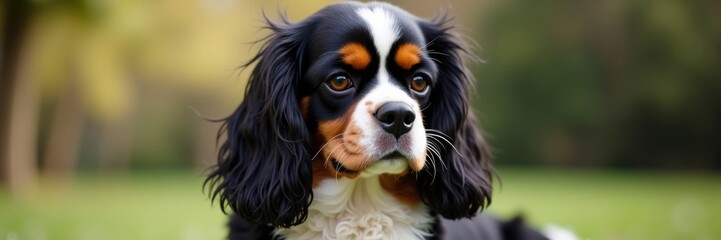 Naklejka premium A regal King Charles Spaniel with mesmerizing eyes and flowing black and tan fur poses gracefully in a serene outdoor setting
