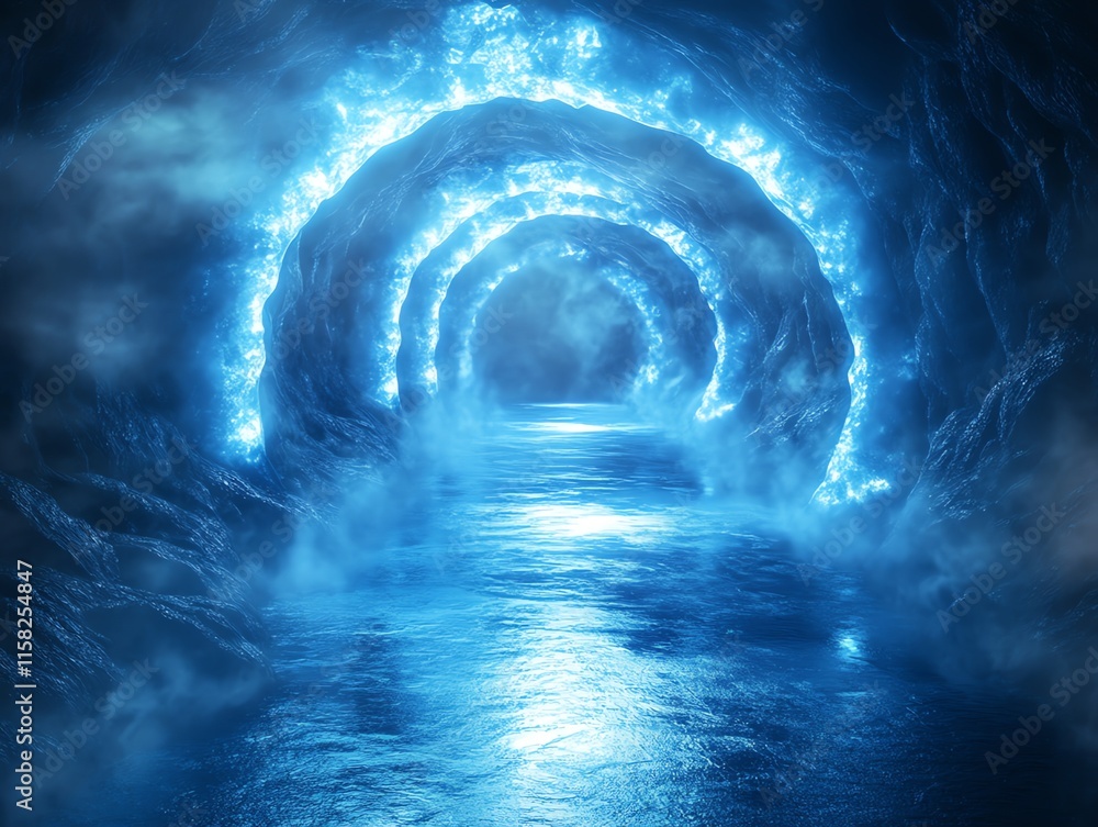 Poster a mystical blue-lit tunnel over a reflective water surface, creating an ethereal atmosphere.