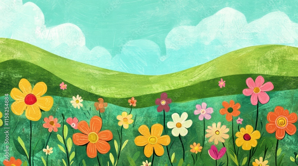 Aufkleber Vibrant naive art style background featuring colorful flowers and green hills with ample space for text placement. Generative AI