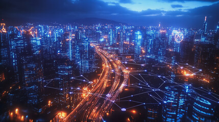 Smart Innovation city with connection cyber security network reciprocity over the night cityscape future wireless digital city and social media networking systems that connects people in the city