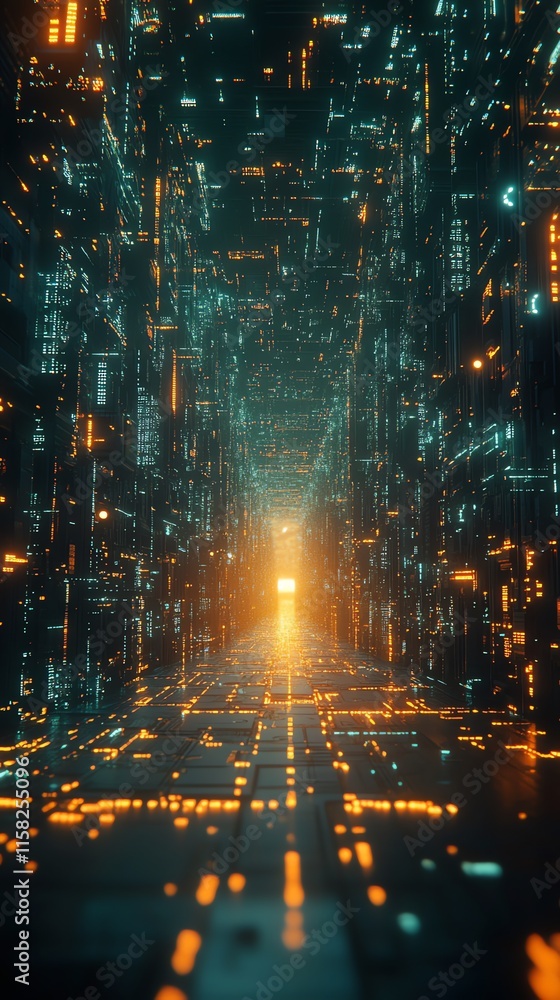 Aufkleber a futuristic digital corridor illuminated by glowing lines and light, suggesting advanced technology