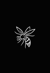 Obraz premium Elegant Minimalist Bee Art: Black and White Outline Illustration with Dynamic Shapes and Angles, Perfectly Set Against a Solid Black Background 