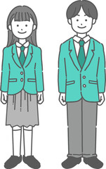 制服を着て微笑む男子学生と女子学生の全身イラスト