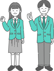 制服を着た男子学生と女子学生がガッツポーズをする全身イラスト