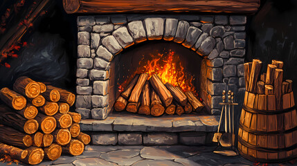 Firewood in the fireplace. Fernwood. Illustration