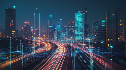 Fototapeta premium Smart Innovation city with connection cyber security network reciprocity over the night cityscape future wireless digital city and social media networking systems that connects people in the city