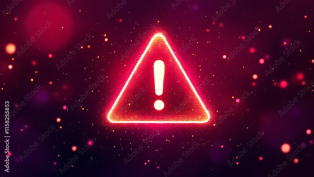 Poster warning exclamation mark icon in digital hologram style on abstract background with glowing network 