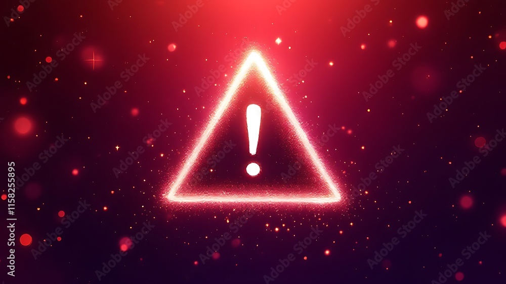 Poster warning exclamation mark icon in digital hologram style on abstract background with glowing network 