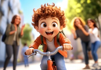 Obraz premium Cheerful Cartoon Child Riding Bicycle Through Urban Street Scene