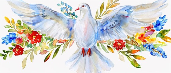 colorful watercolor christian cross with dove of peace isolated on white or transparent