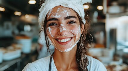 Happy baker covered in flour, smiling at camera.