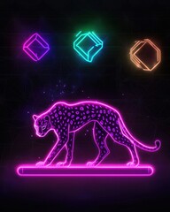 Fototapeta premium A glowing neon cheetah crouched low in a radiant desert, its sleek body glowing in vibrant pink and orange gradients, surrounded by faint swirling light trails and shimmering particles for a 