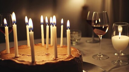 Celebrating a special occasion with a beautifully lit birthday cake and elegant wine glasses at a cozy event