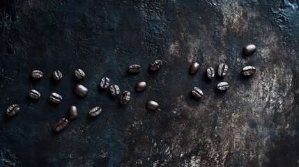 Obraz premium High contrast image of coffee beans scattered on textured dark surface, showcasing their rich color and unique shapes, perfect for coffee lovers and culinary enthusiasts