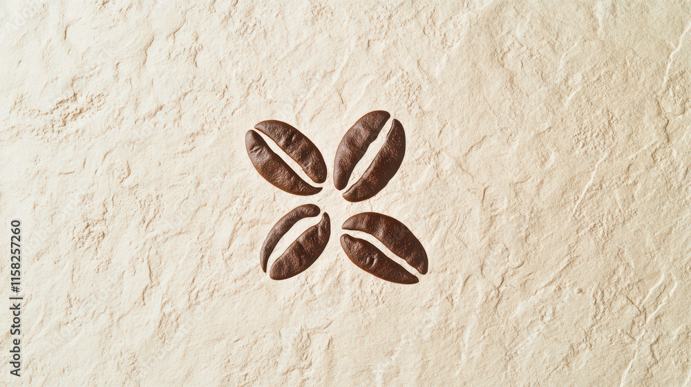 Poster minimalist design featuring roasted coffee beans arranged in unique pattern on textured background, 