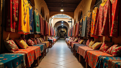 Obraz premium Unique pattern of traditional fabric on a display with traditional market background