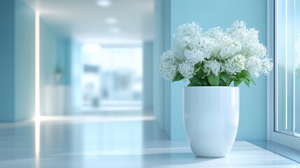 Fototapeta premium White Ceramic Vase with Lilac Flowers in Modern Hospital Setting
