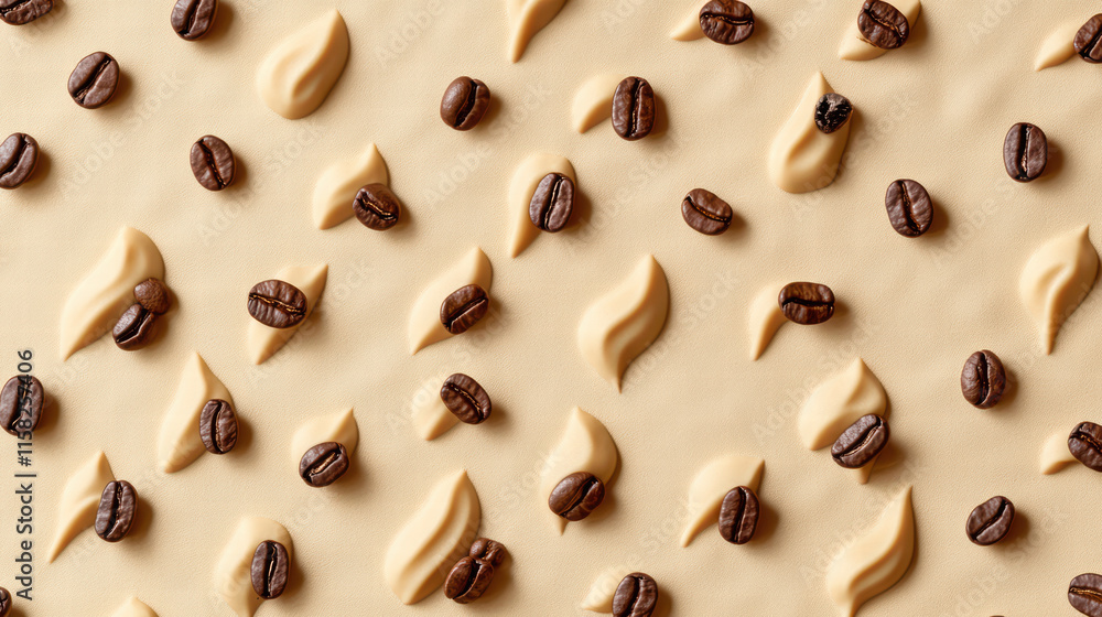 Poster playful arrangement of coffee beans and creamy swirls on textured surface creates delightful visual.