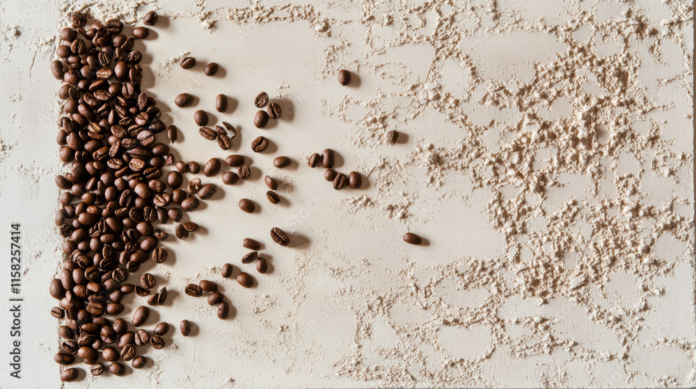 Poster playful arrangement of coffee beans on textured surface creates inviting scene. contrast between dar
