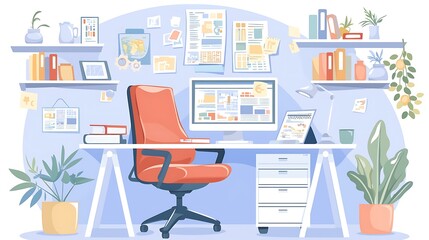 Flat design of an ergonomic desk setup in a digital workspace