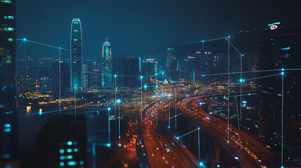 Fototapeta premium Smart Innovation city with connection cyber security network reciprocity over the night cityscape future wireless digital city and social media networking systems that connects people in the city